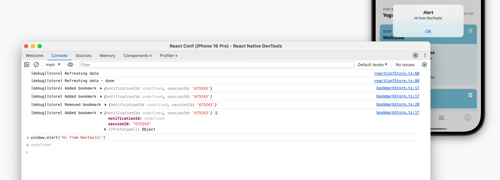 A series of logs React Native DevTools Sources view, alongside a device